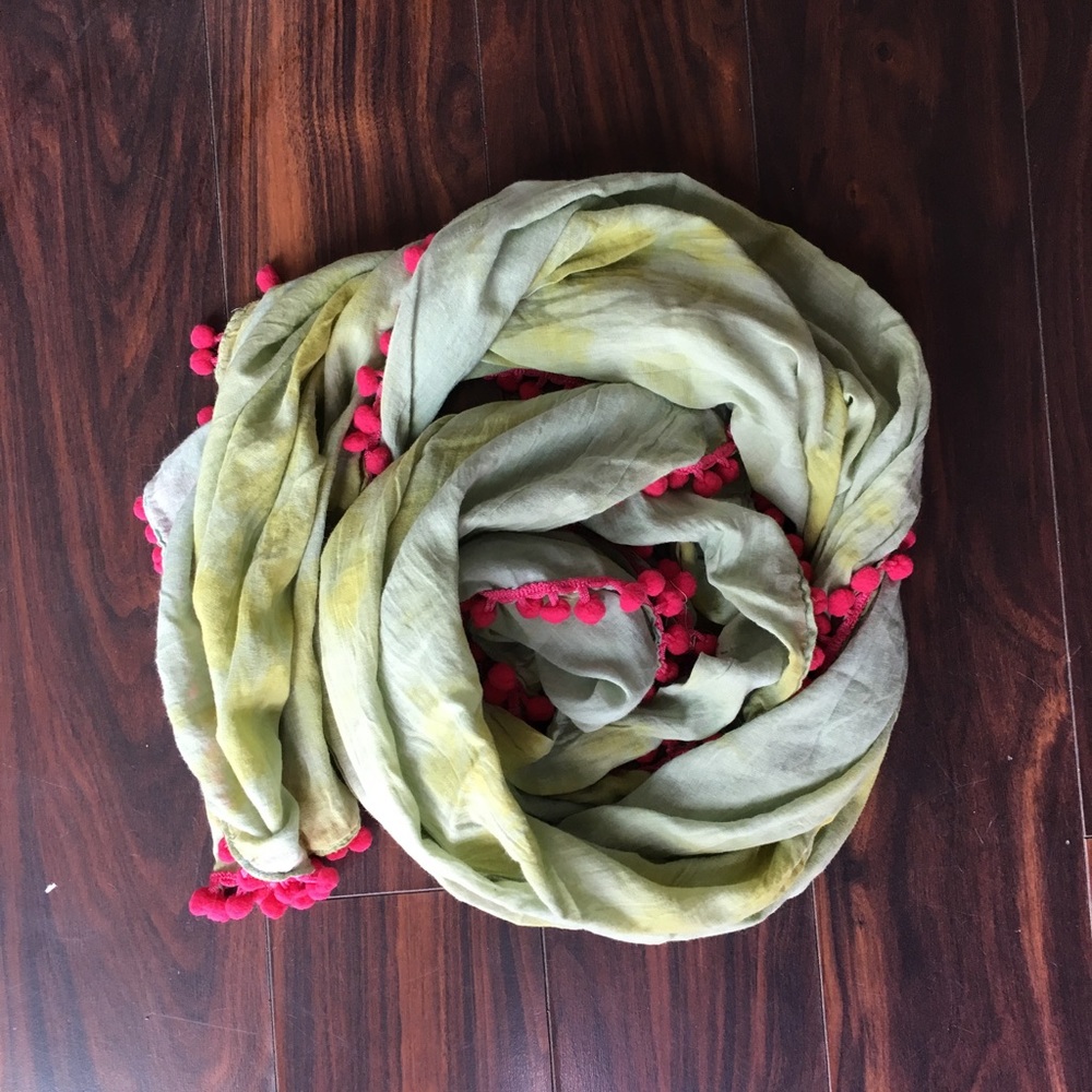 TyeDye Scarf Green and Blue with Pink Pom Poms